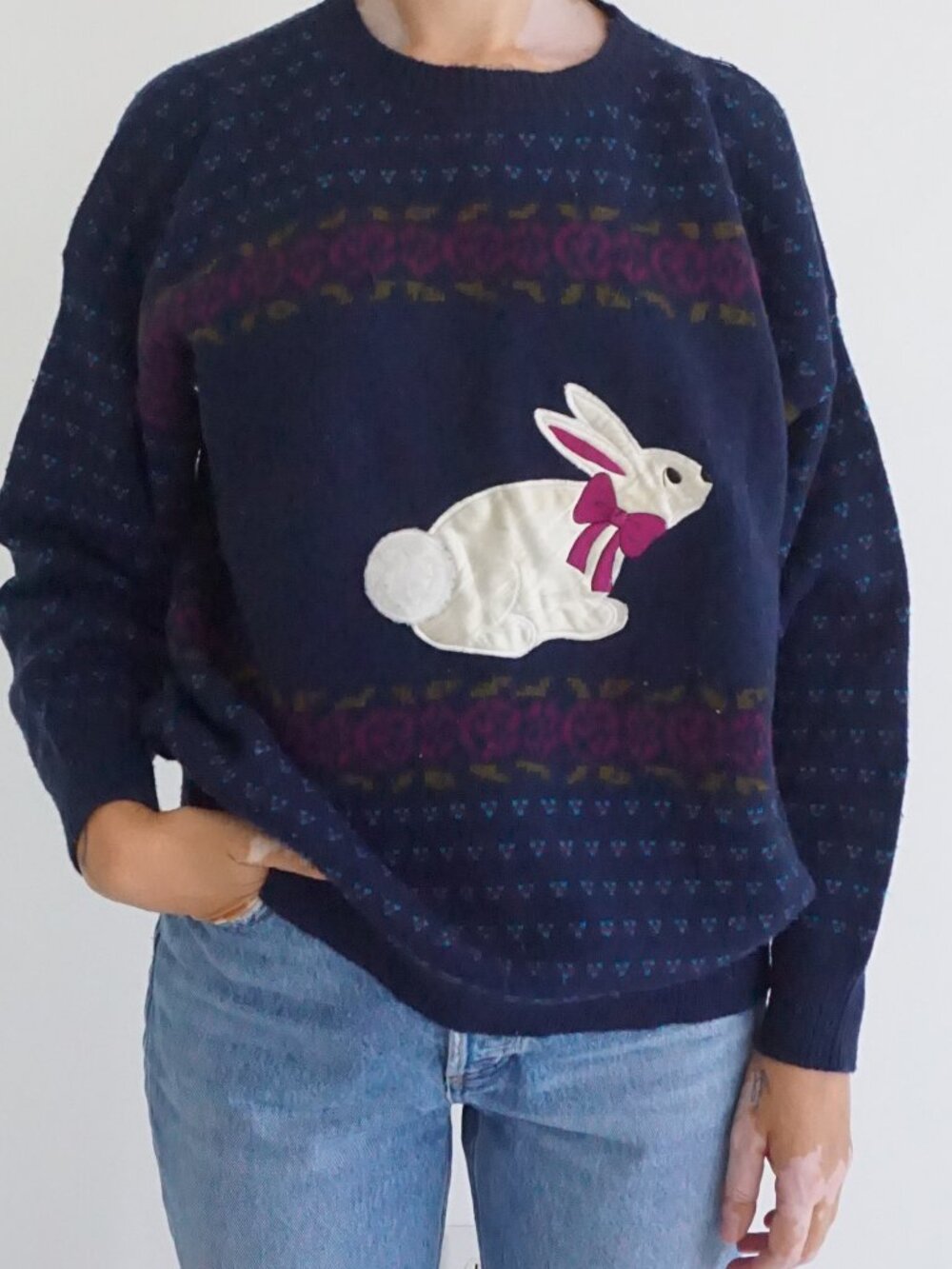 Vintage Jennifer Adams Navy Rabbit Bunny Easter Floral Fair Isle Knit Sweater XL
